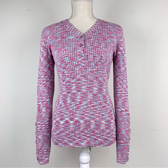 Sundance Create Beauty Henley Top Pink Blue Spacedye Ribbed Womens Medium - Picture 2 of 10